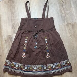 XXI Forever 21 Brown Embroidered V-Neck Babydoll Tank Top 100% Cotton Small
